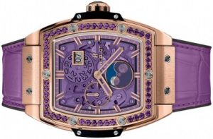 The purple dials fake Hublot Spirit Of Big Bang 647.OX.4781.LR.1205 watches have purple leather straps.