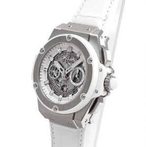 The 48 mm copy Hublot King Power 701.NE.0127.GR watches have skeleton dials.