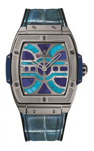 The titanium copy watches have blue leather straps.