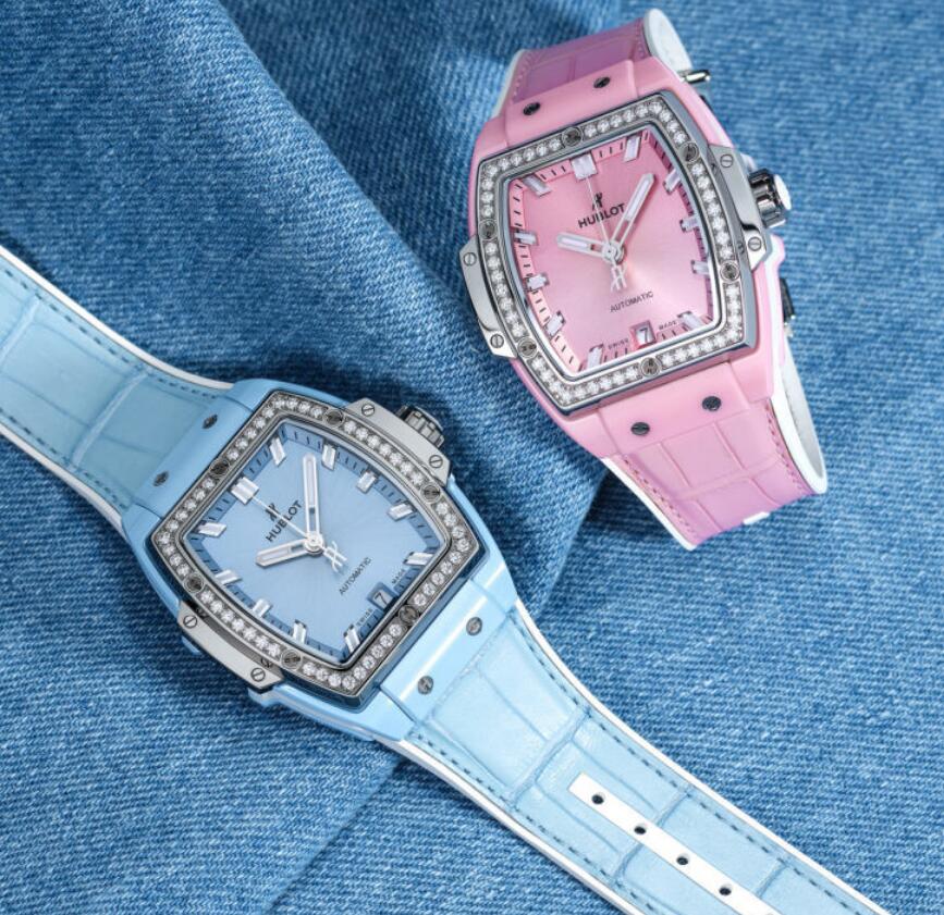 Swiss imitation watches forever are stylish with pink and light blue colors.