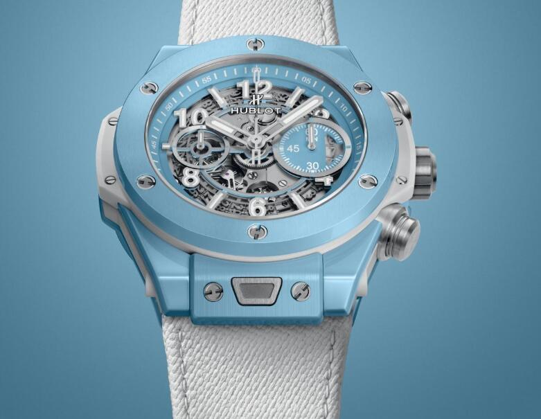 The sky blue copy Hublot looks fresh and pure.